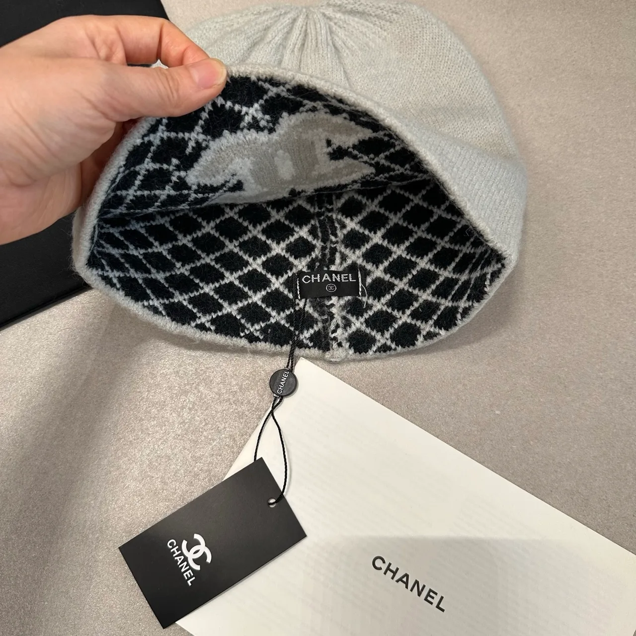 Chanel Reversible Beanie in Black & White & Blue & Grey · view 5