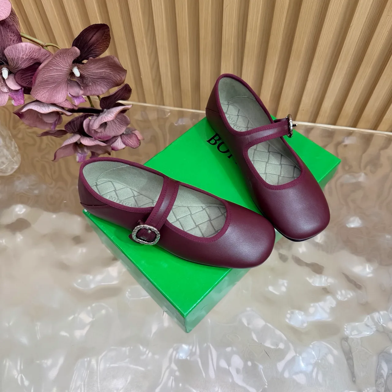 Bottega Veneta Sheepskin Quilted Glossy Buckle Mary Jane Flats in Burgundy · view 3