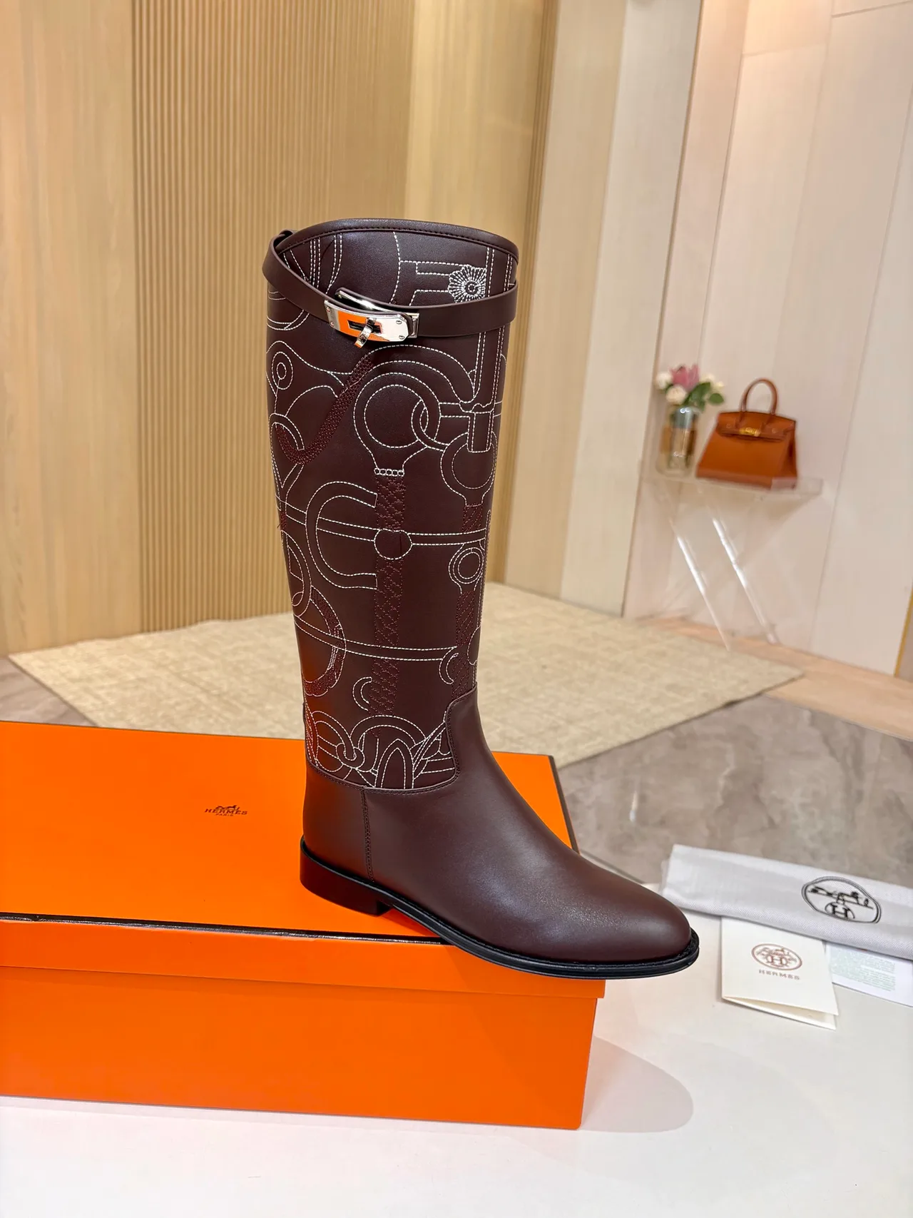 Hermes Cowhide Glossy Embroidered Pointed-Toe Boots in Brown · view 1