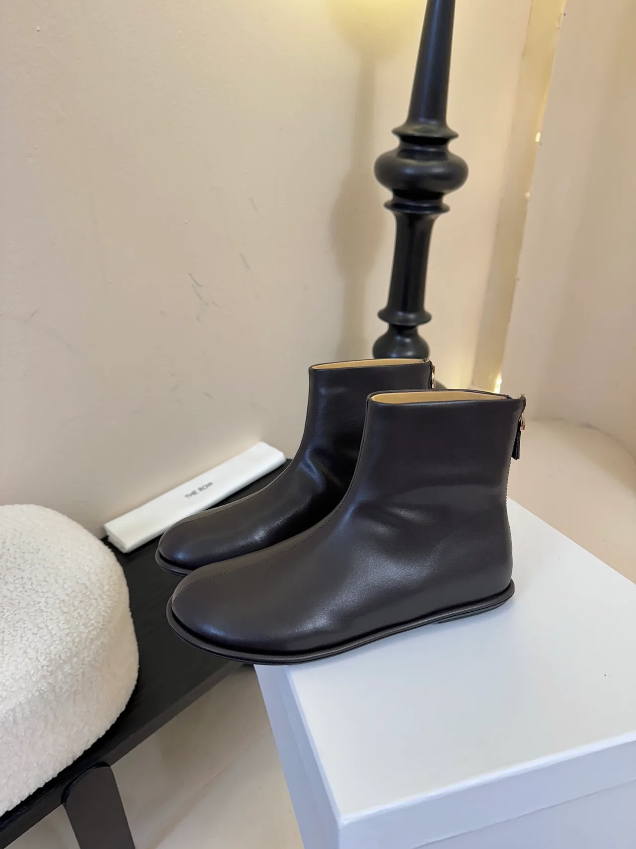 The Row Cowhide Glossy Round-Toe Chelsea Ankle Boots in Brown · view 7