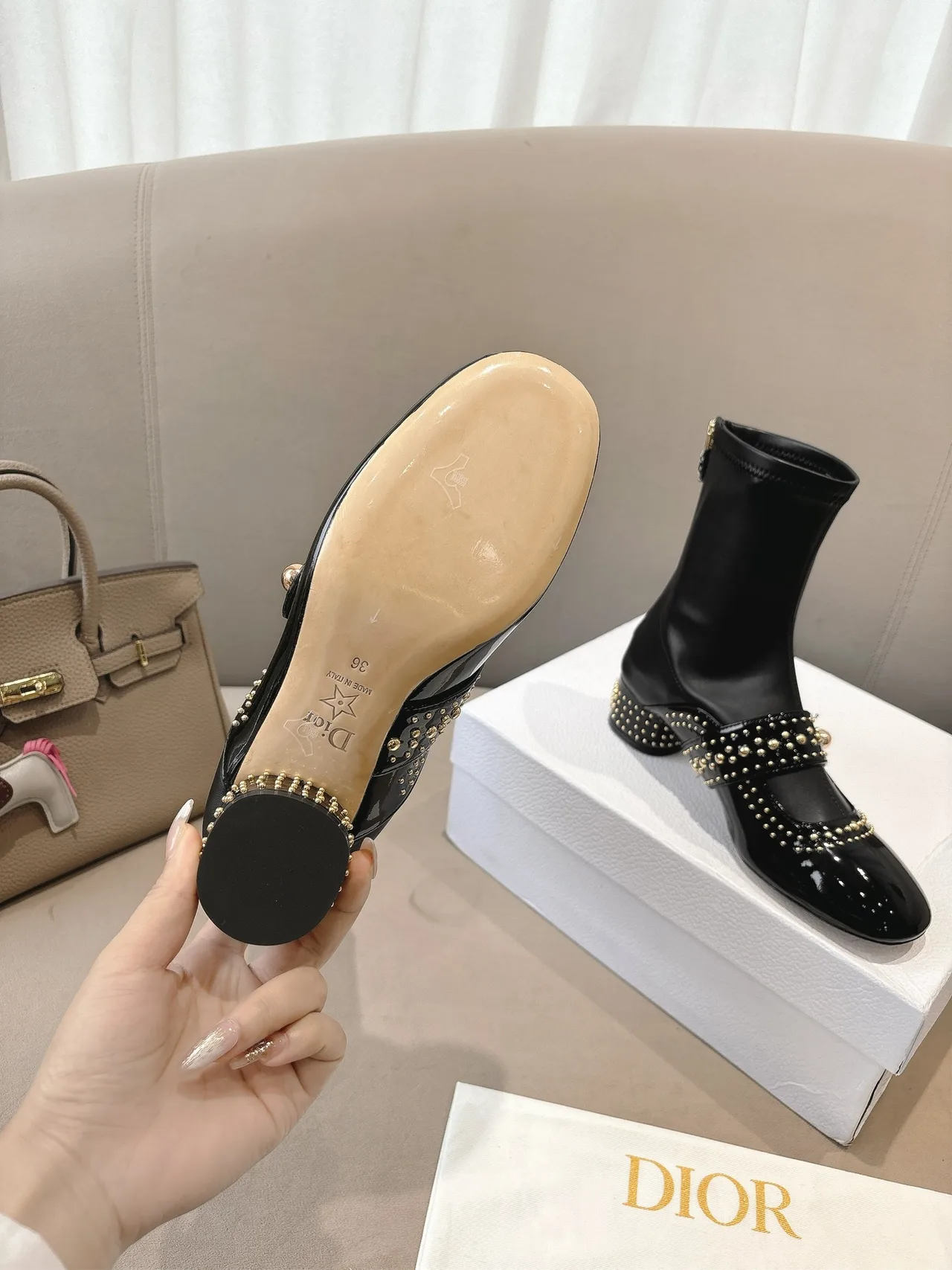 Dior Sheepskin Patent Leather Glossy Square-Toe Ankle Boots in Black · view 7