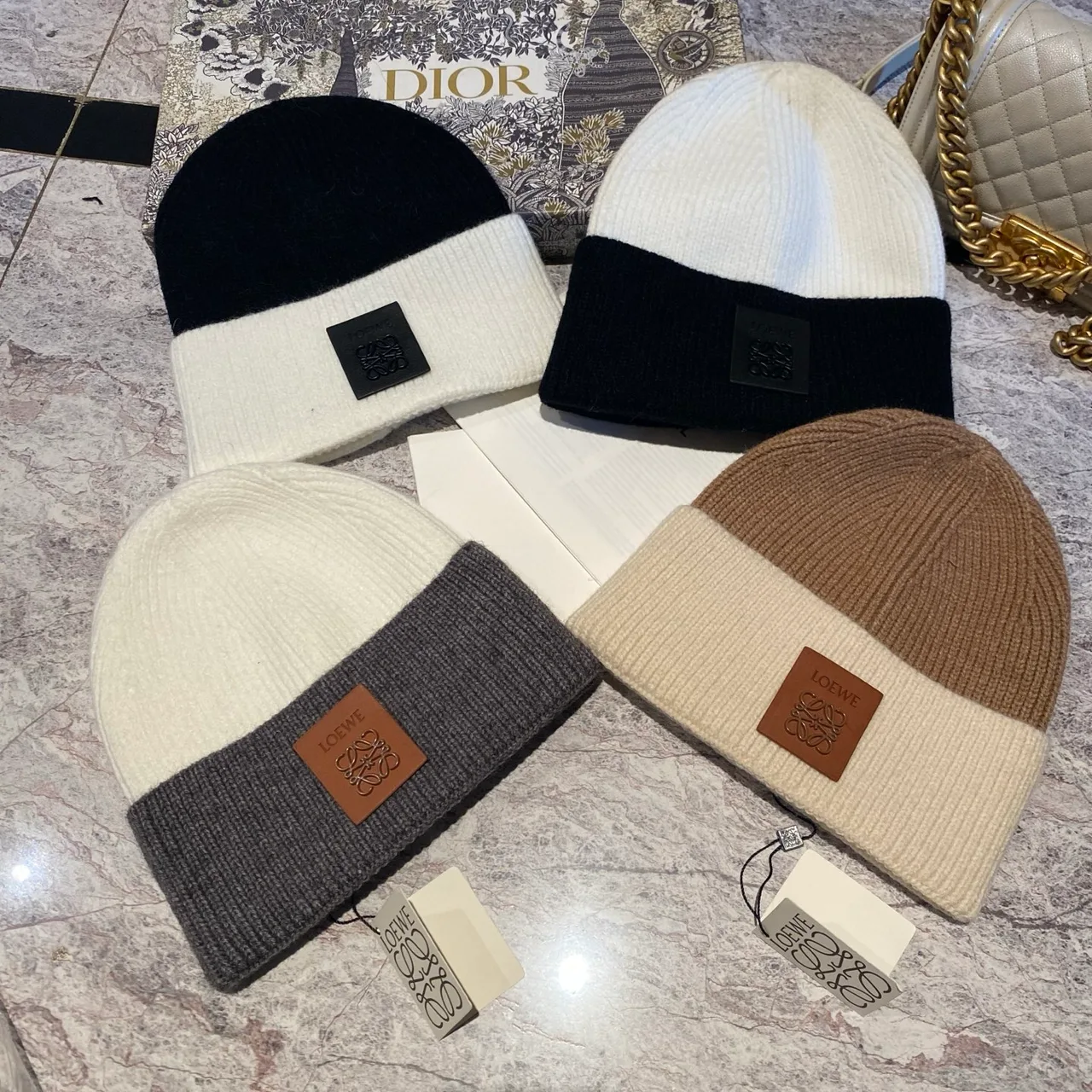 Loewe Colorblock logo-patch knit beanie in Black & Cream & Tan · view 5
