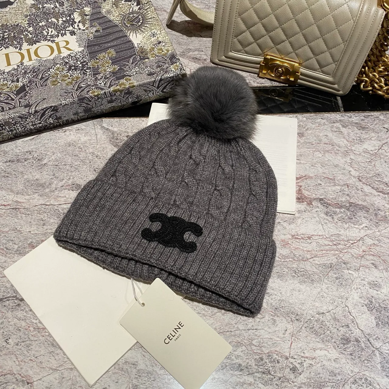 Celine Triomphe Pom Beanie in Black & White & Grey & Brown & Blue & Red & Pink · view 3