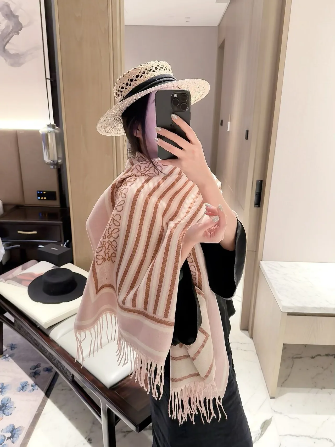 Loewe Striped Anagram fringed scarf in Pink & Brown · view 4