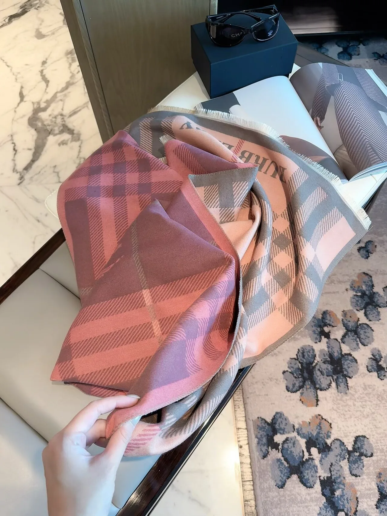 Burberry Check Fringed Scarf in Cream & Pink · view 2