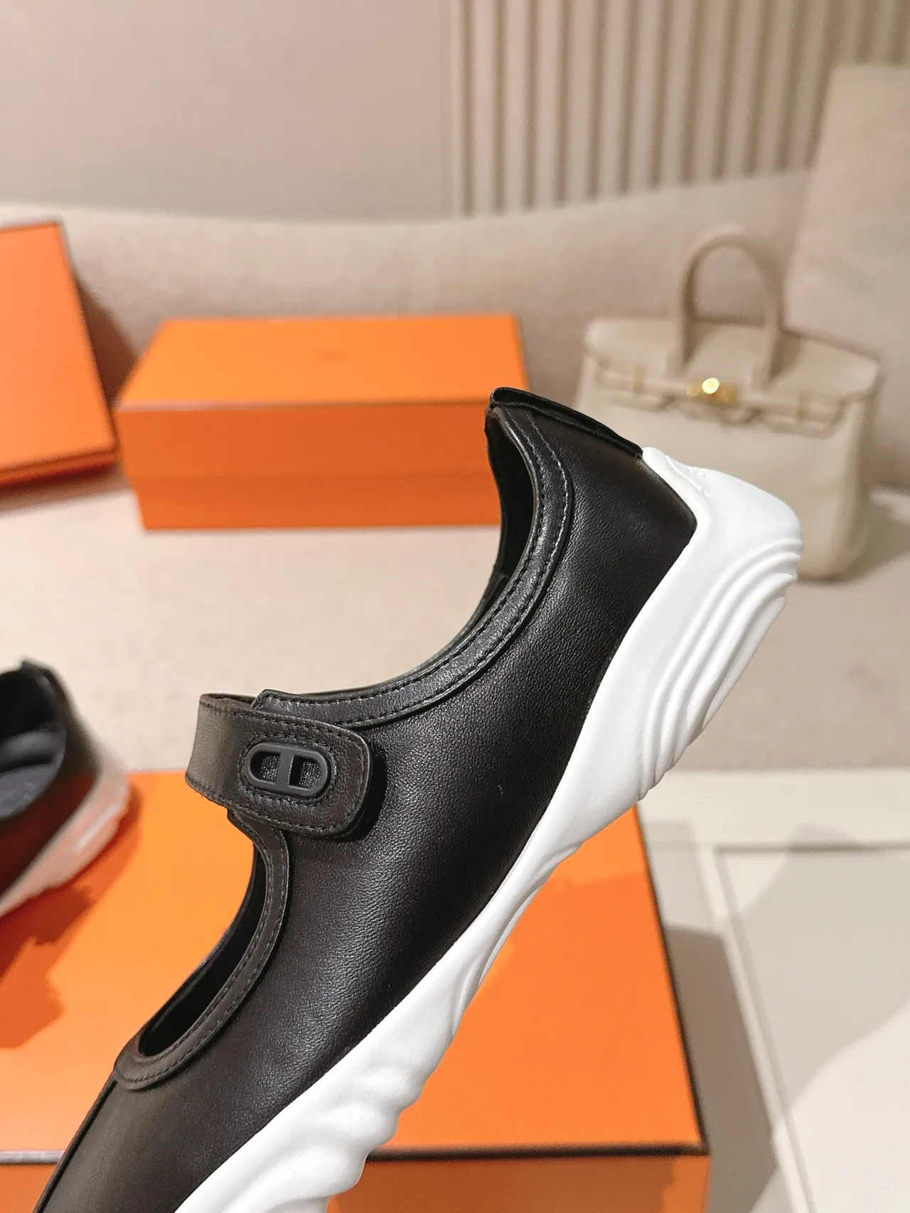 Hermes Lambskin Round-Toe Buckle Mary Jane Shoes in Black · view 7