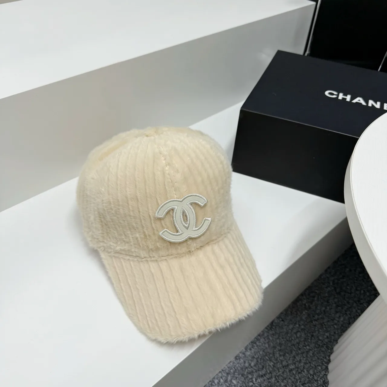 Chanel Fuzzy Baseball Cap in White & Beige & Brown & Black · view 3