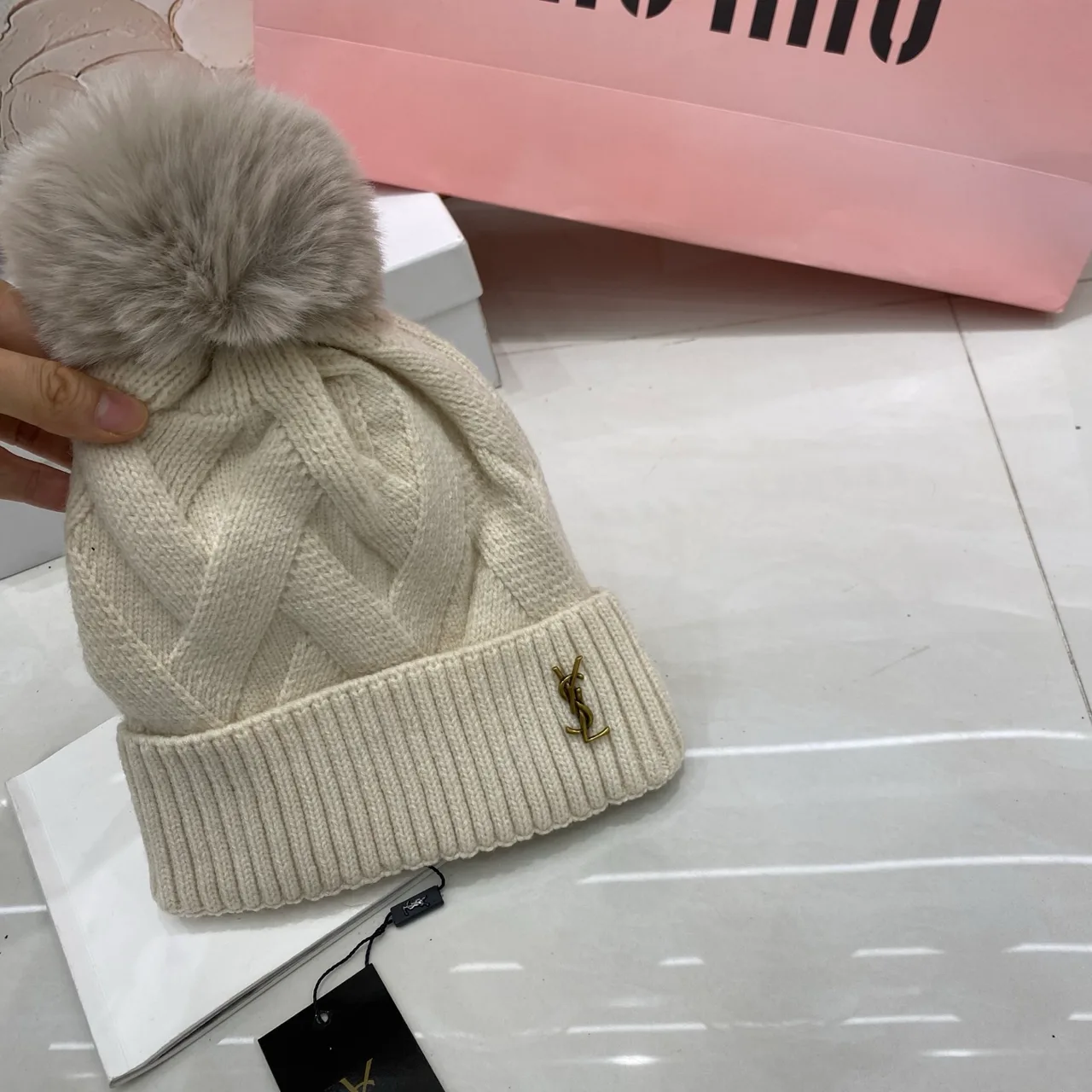 Saint Laurent Cable Pom Beanie in Black & White & Beige & Brown & Pink & Grey & Red · view 3