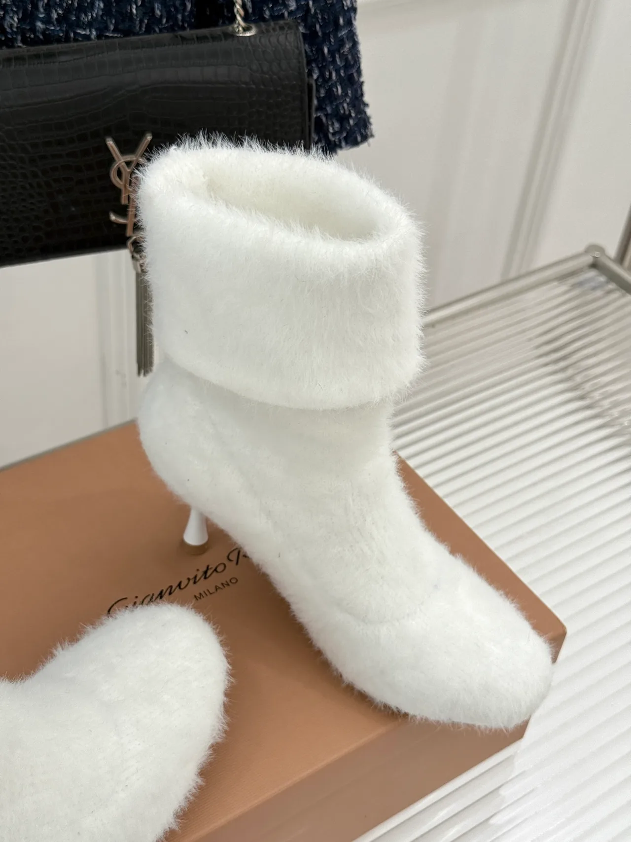 Gianvito Rossi Wool Ribbed Fuzzy Ankle Boots in White · view 6