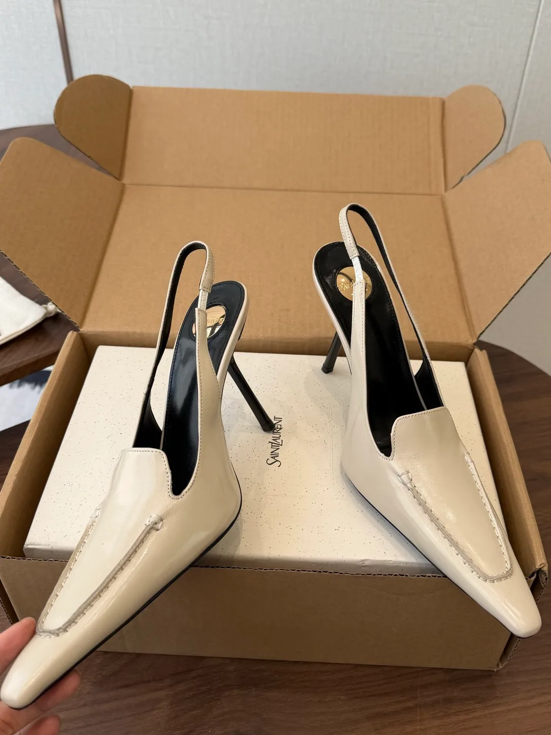 Saint Laurent Cowhide Pointed-Toe Slingback Shoes in Cream · view 5