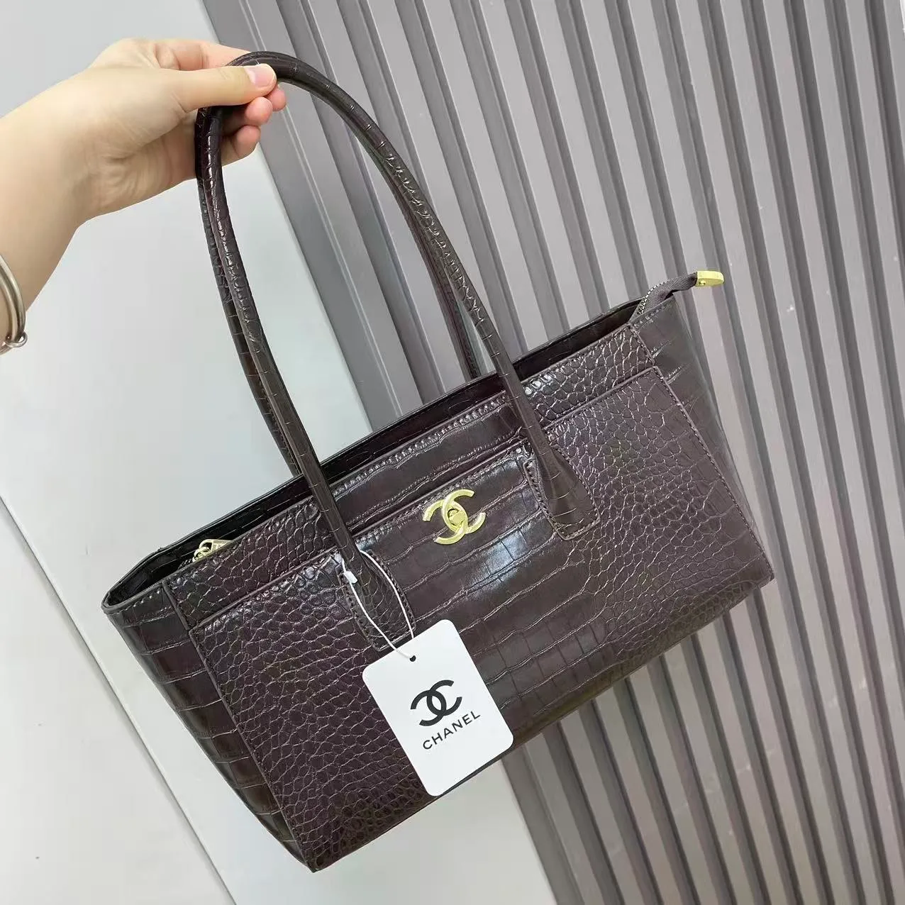 Chanel Croc-Texture Tote in Brown & White & Burgundy & Black · view 3