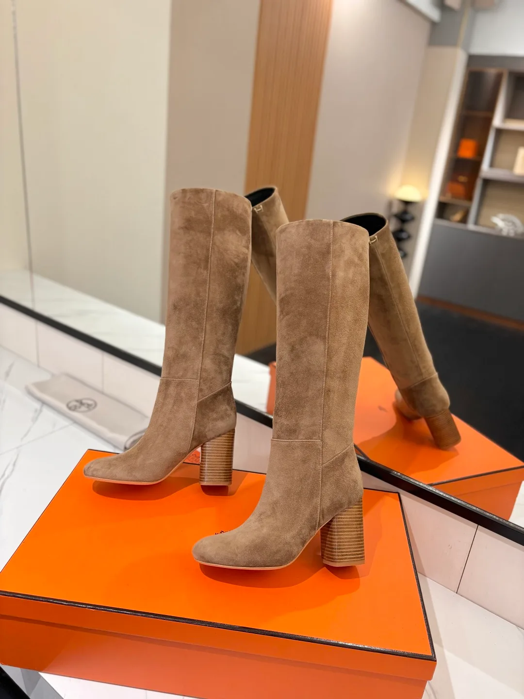 Hermes Cowhide Knee-High Boots in Grey · view 5