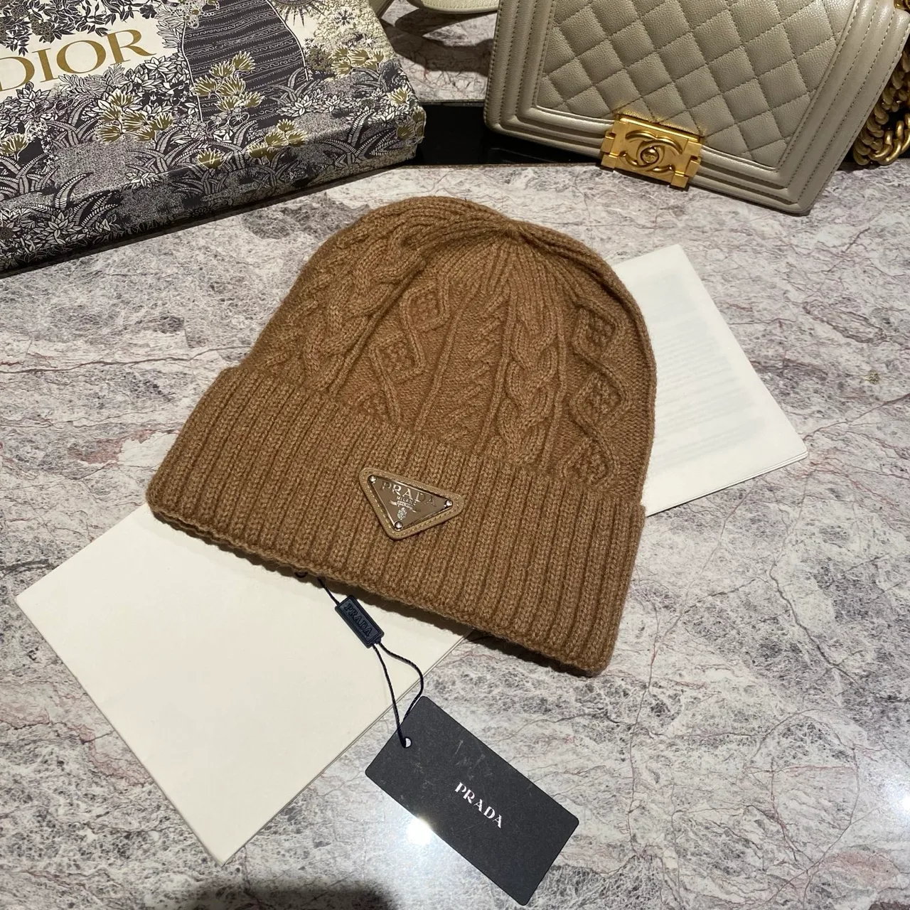 Prada Cable-Knit Beanie in Grey / Black / White / Tan / Cream · view 4
