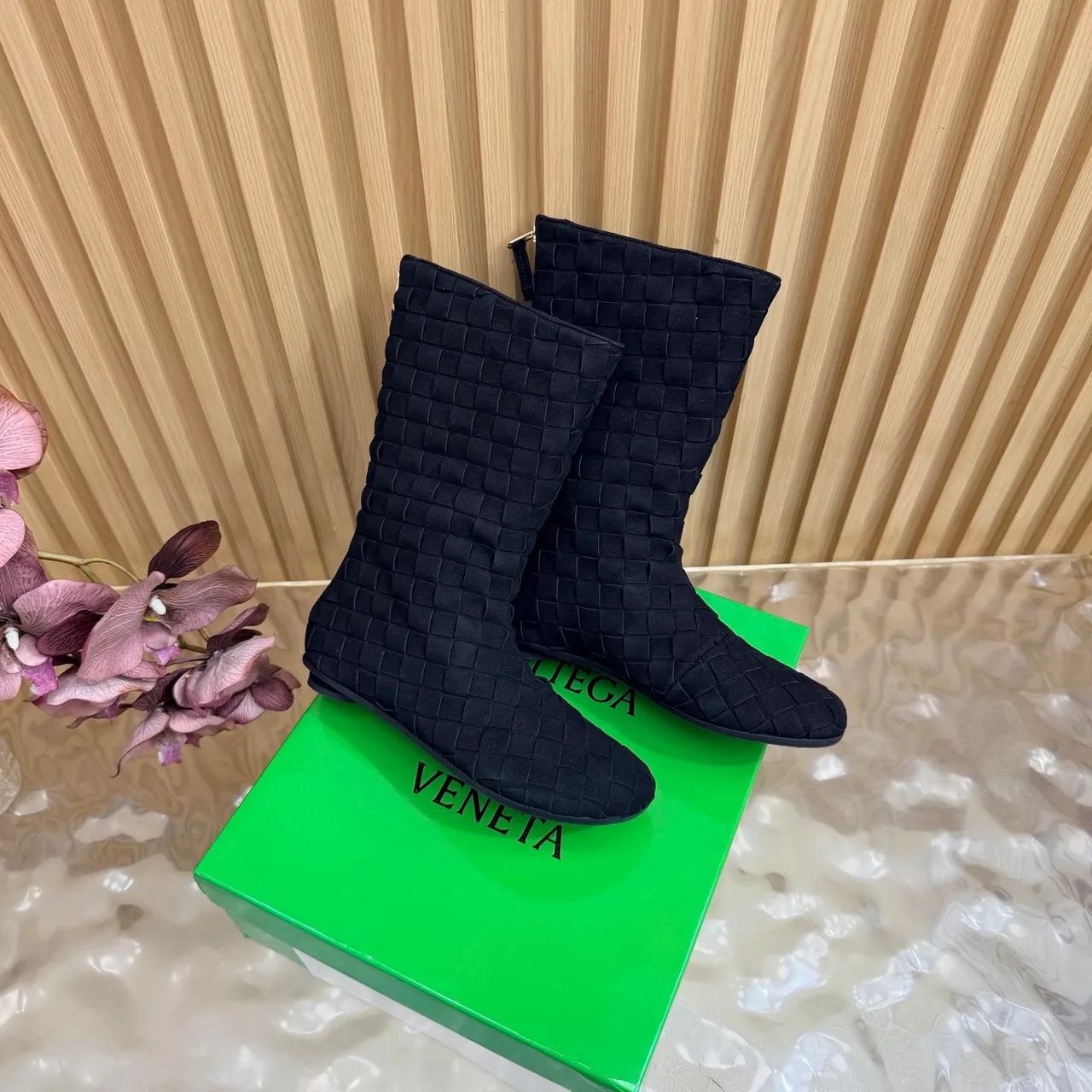 Bottega Veneta Woven Glossy Pointed-Toe Ankle Boots in Black · view 3