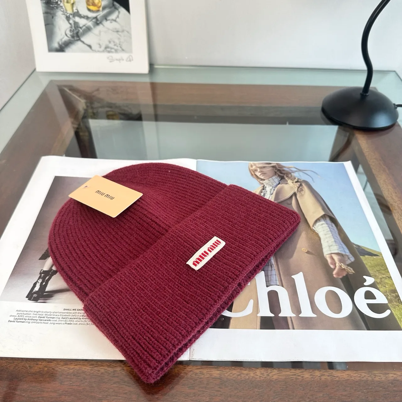 Miu Miu Ribbed Knit Beanie in Burgundy · view 3