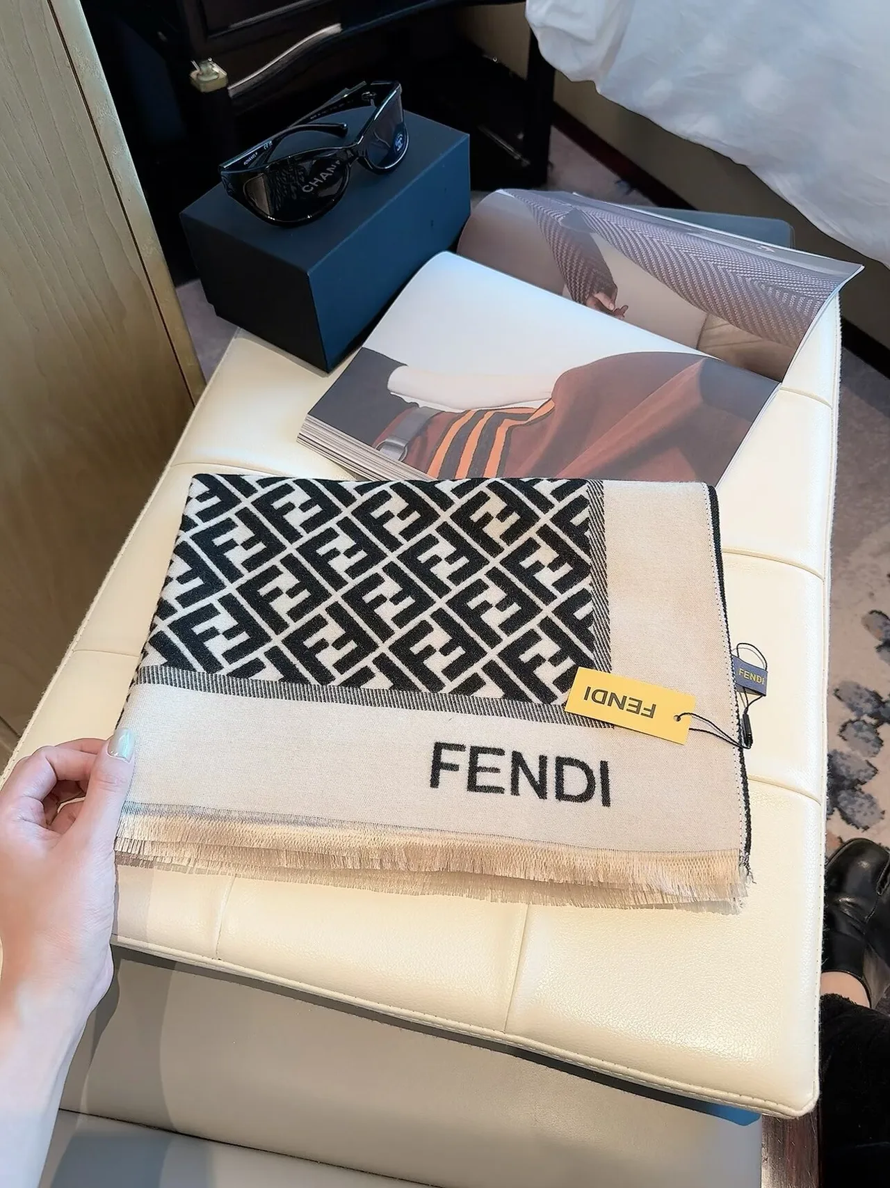 Fendi FF Jacquard Scarf in Blue & Black · view 2