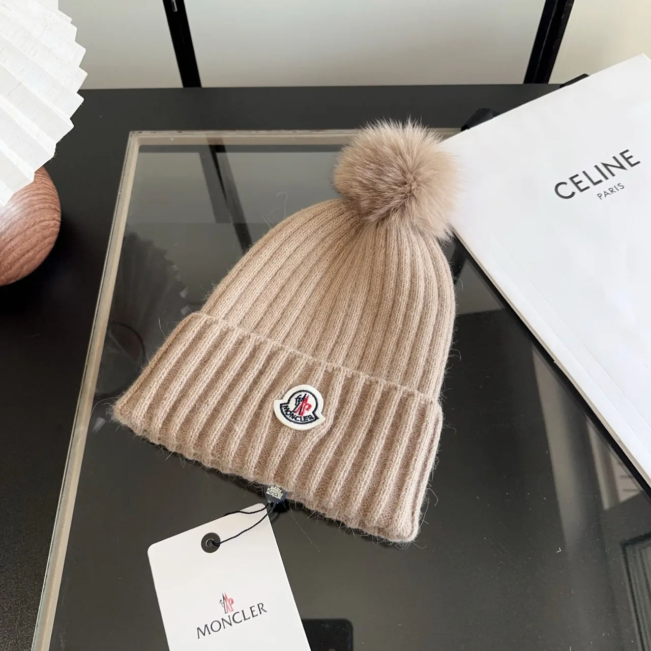 Moncler Ribbed Beanie in Beige · view 2