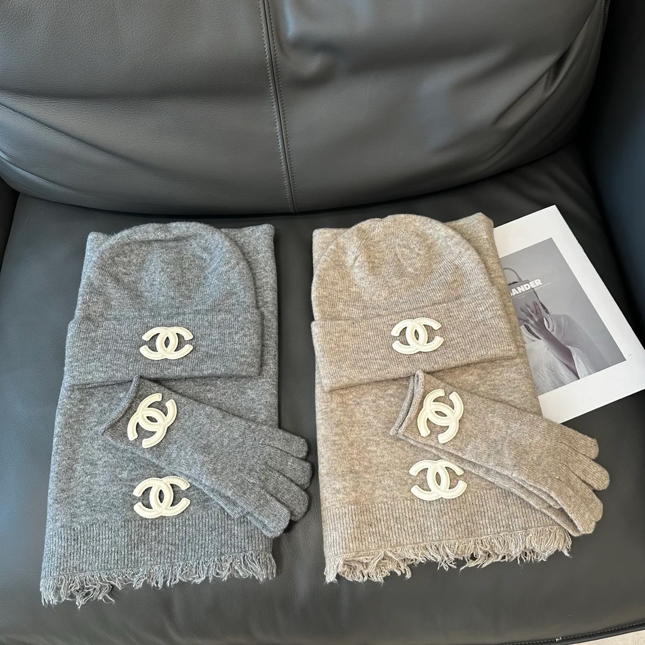 Chanel Hat Scarf and Gloves Set in White & Black & Grey & Beige · view 5