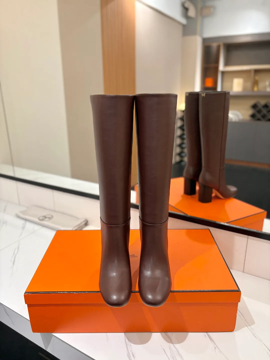 Hermes Cowhide Knee-High Boots in Brown · view 3