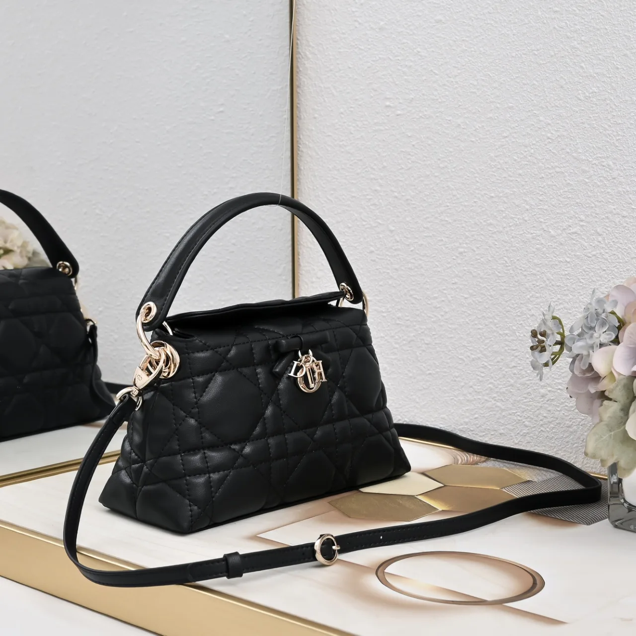 Dior Sheepskin Quilted Top-Handle Bag in Black · view 2
