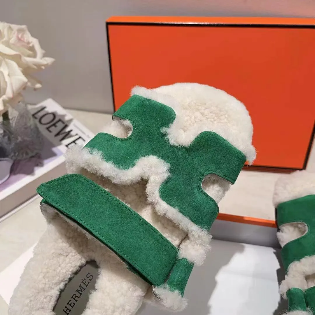 Hermes Sheepskin Chypre Shearling Slides in Green · view 7