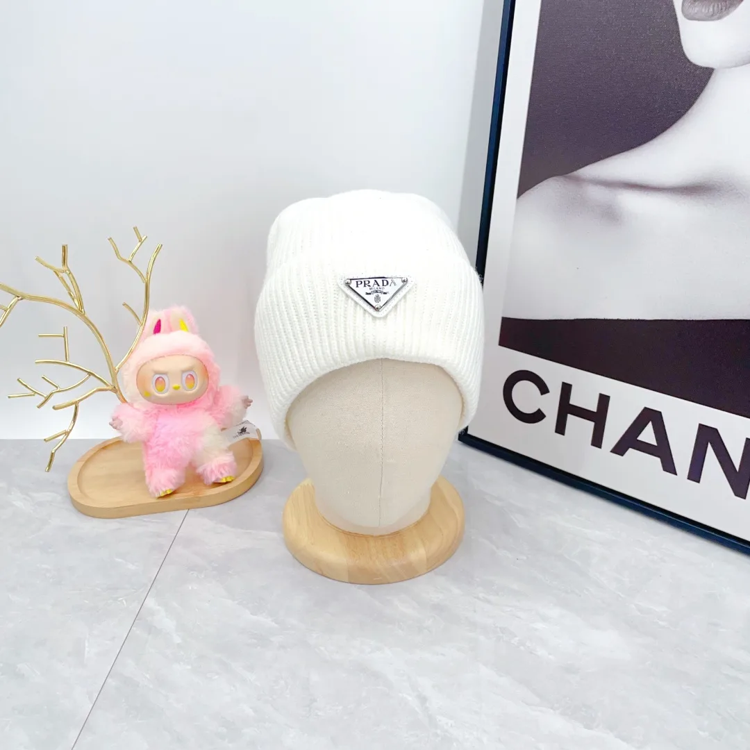 Prada Wool Triangle Logo Knit Beanie in White · view 2