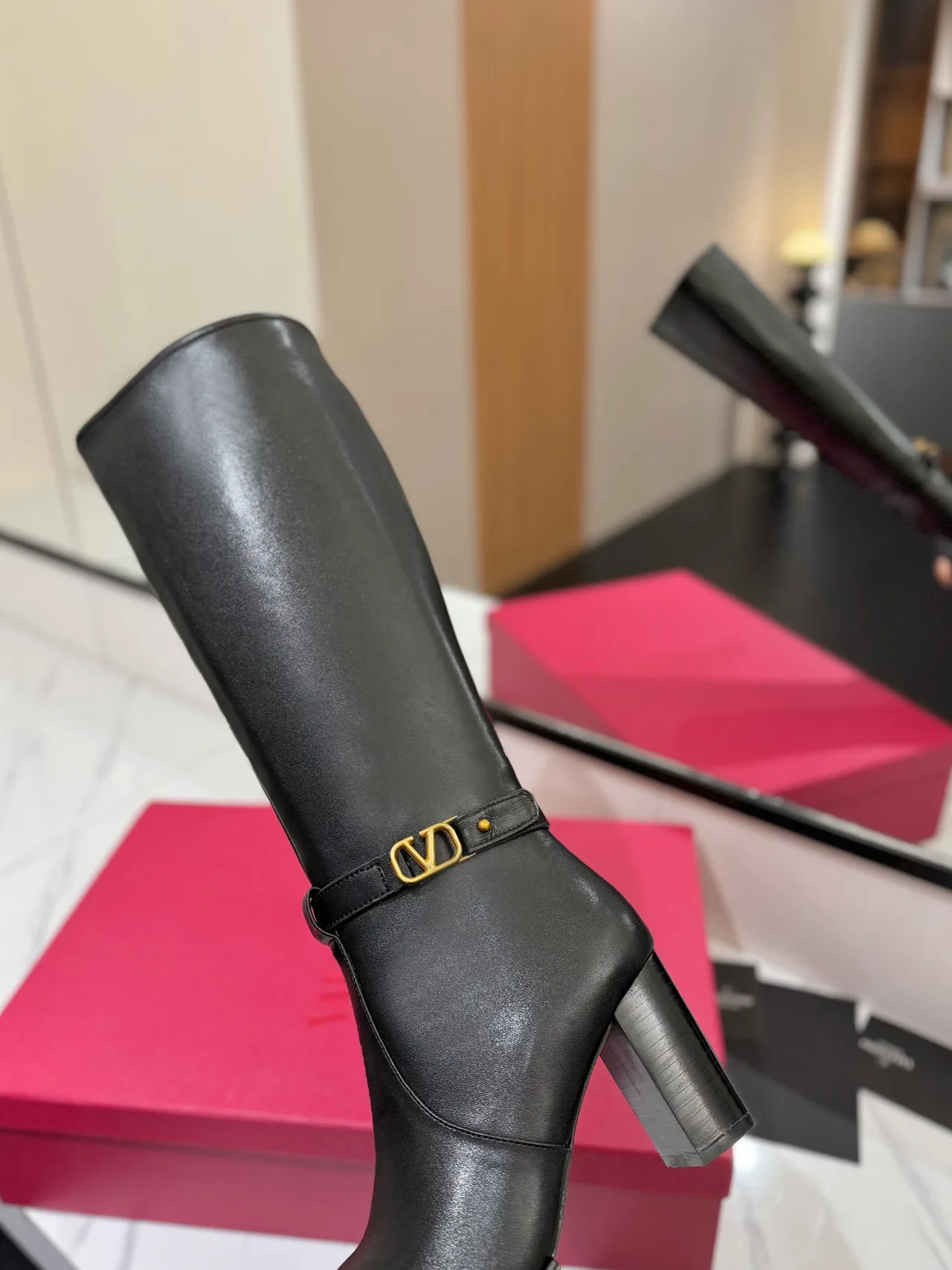 Valentino Calfskin Glossy Buckle Knee-High Boots in Black · view 8