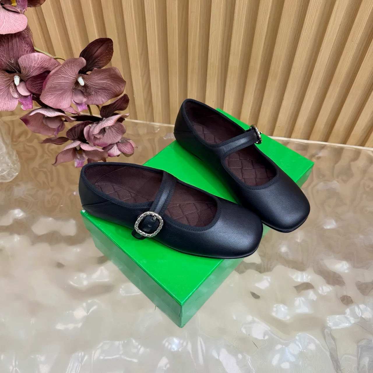 Bottega Veneta Sheepskin Quilted Buckle Mary Jane Flats in Black · view 3