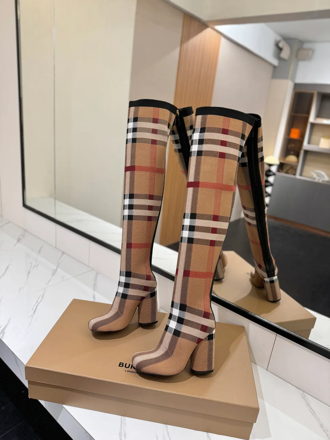 Burberry Check Knee-High Boots in Beige · view 4