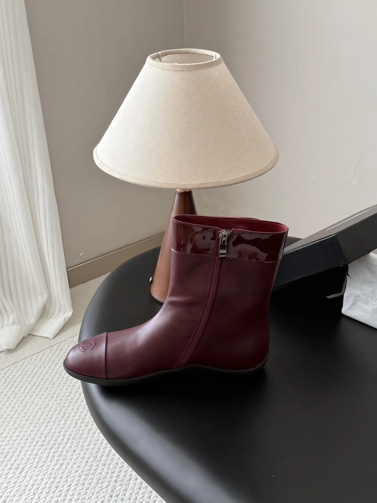 Chanel Cowhide Glossy Pointed-Toe Boots in Burgundy · view 7