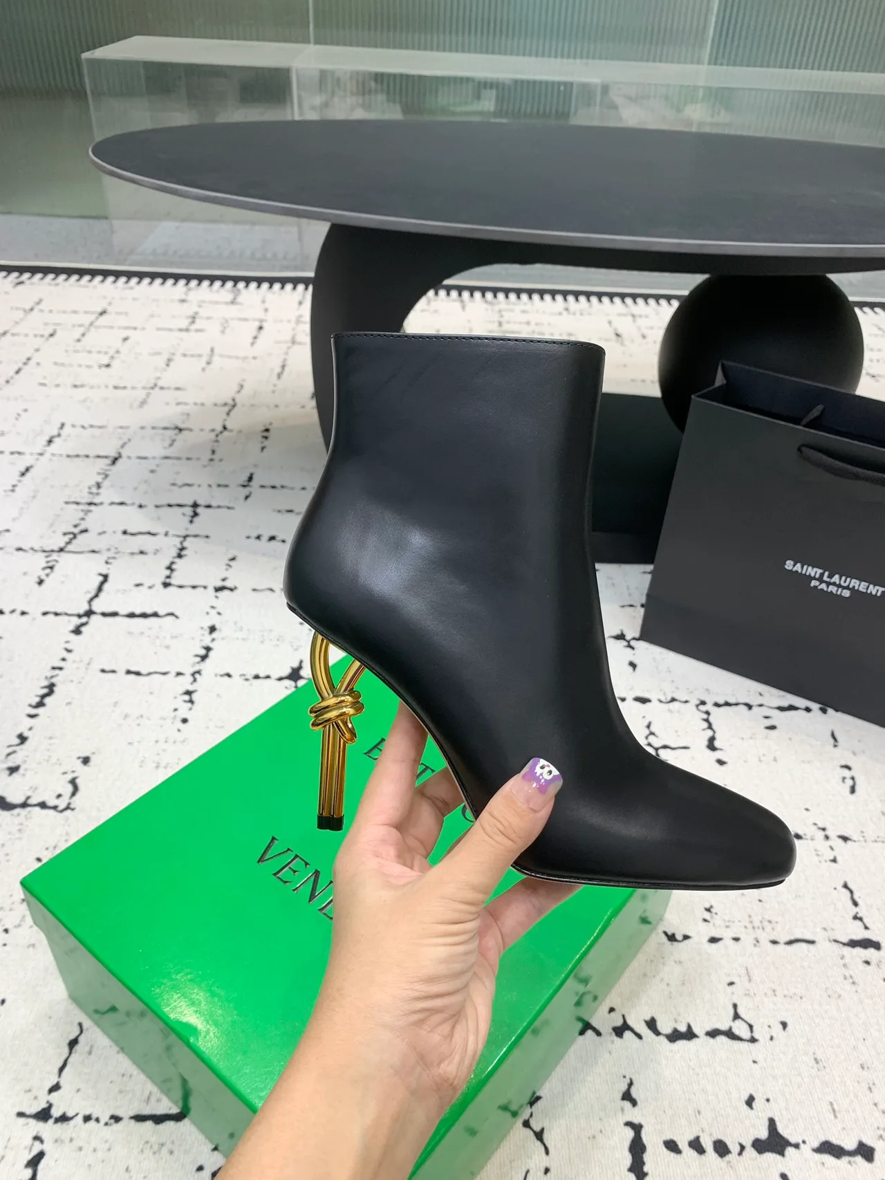 Calfskin Smooth Pointed-Toe Knot-Heel Ankle Boots in Black · view 5