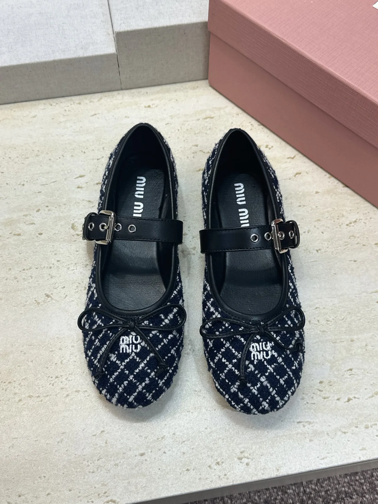 Miu Miu Calfskin Check Buckle Mary Jane Flats in Blue · view 2