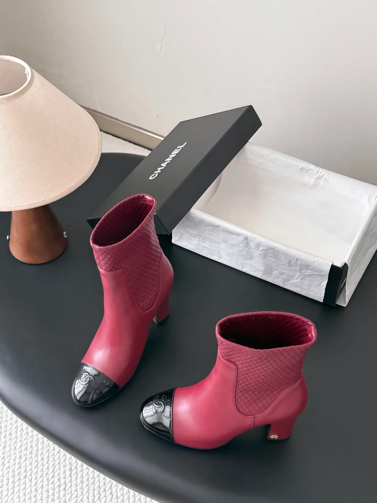 Chanel Cowhide Quilted Glossy Pointed-Toe Ankle Boots in Burgundy · view 4