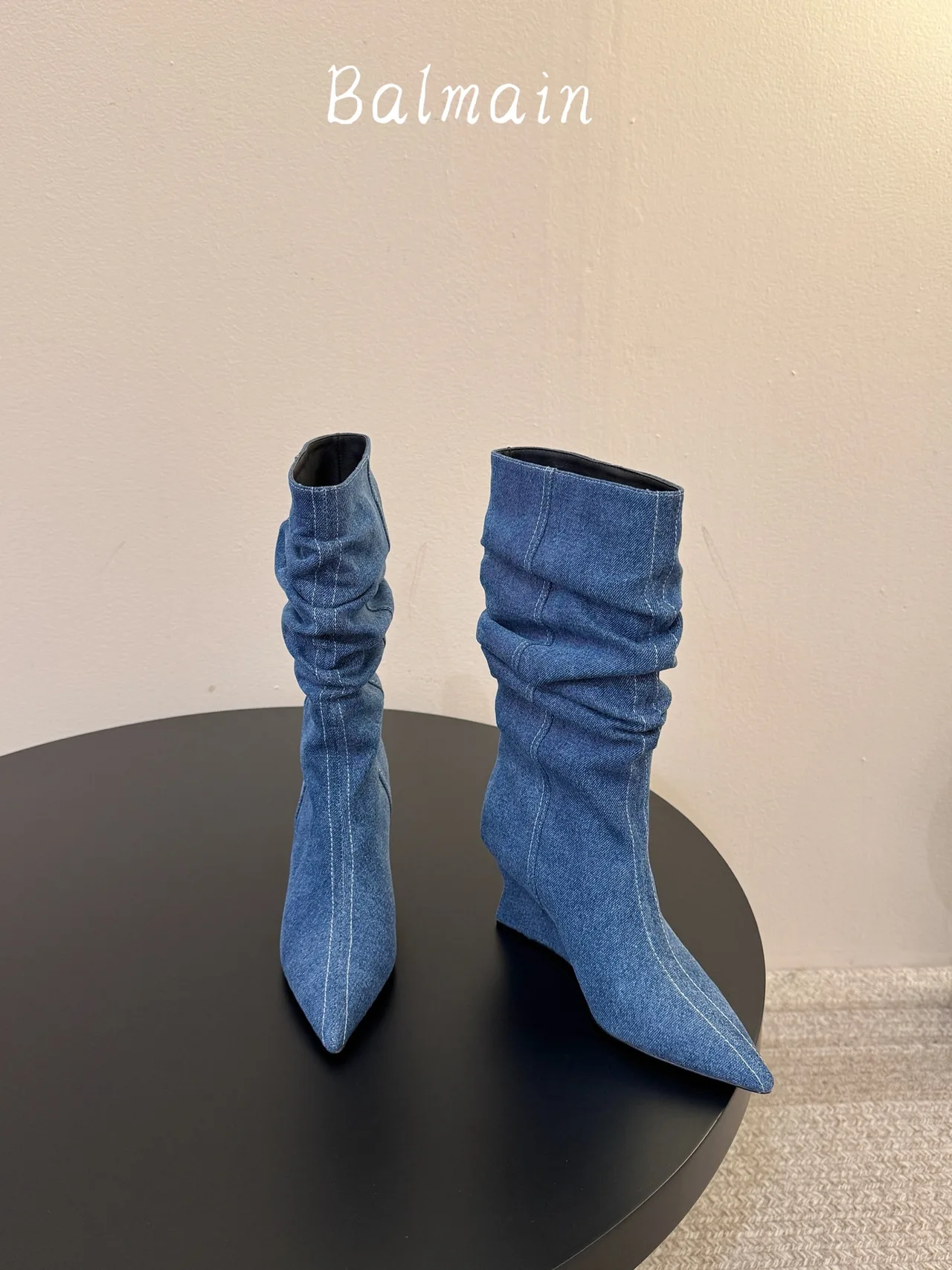 Balmain Denim Ribbed Pointed-Toe Ankle Boots in Blue · view 2