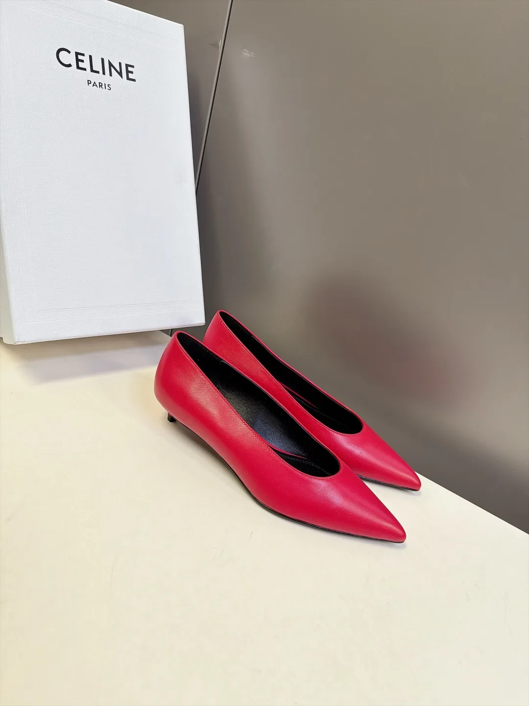 Celine Lambskin Glossy Pointed-Toe Kitten Heel Pumps in Red · view 2