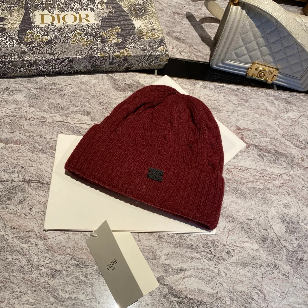 Celine Cable knit beanie in White & Black & Blue & Brown & Grey & Burgundy & Cream & Pink · view 6