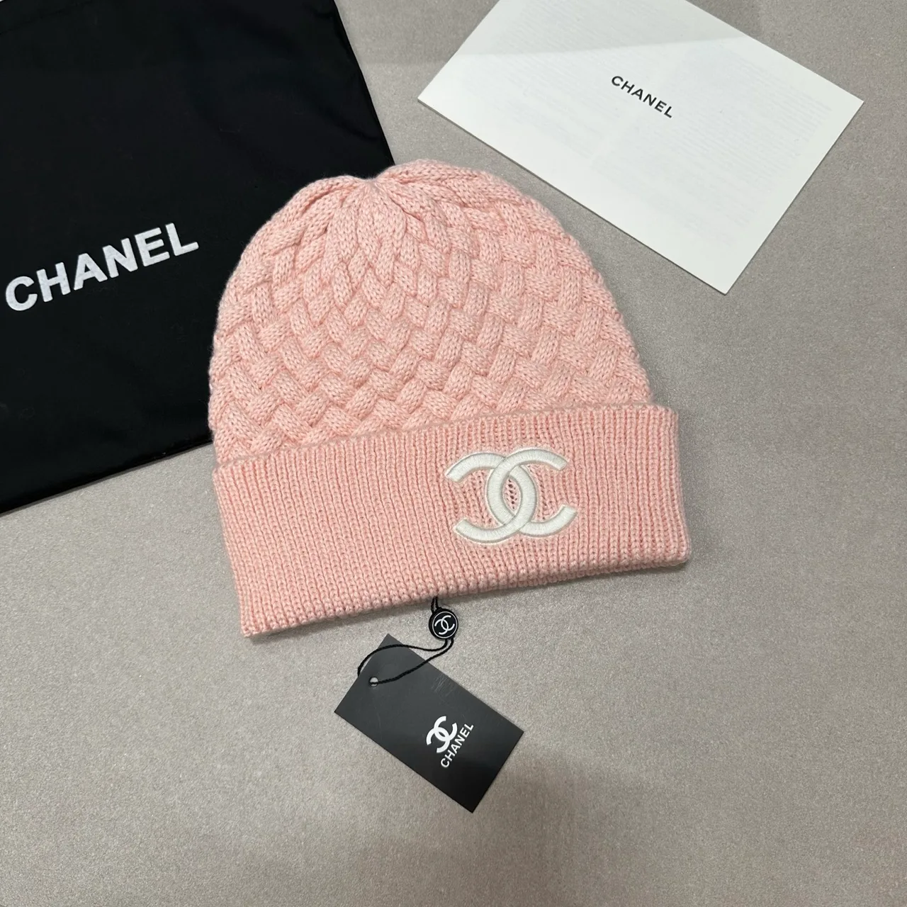 Chanel Textured CC knit beanie in Black & Pink & Cream · view 2