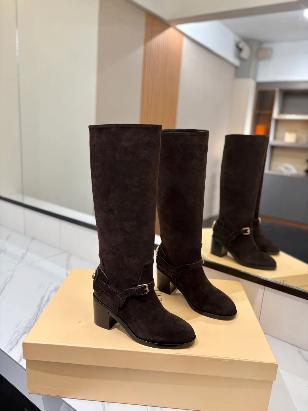 Valentino Calfskin Suede-Look Buckle Knee-High Boots in Brown · view 1