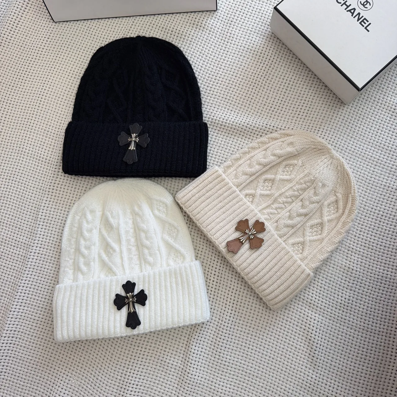 Chrome Hearts Cross-patch knit beanie in Black & White & Cream & Grey & Tan · view 8