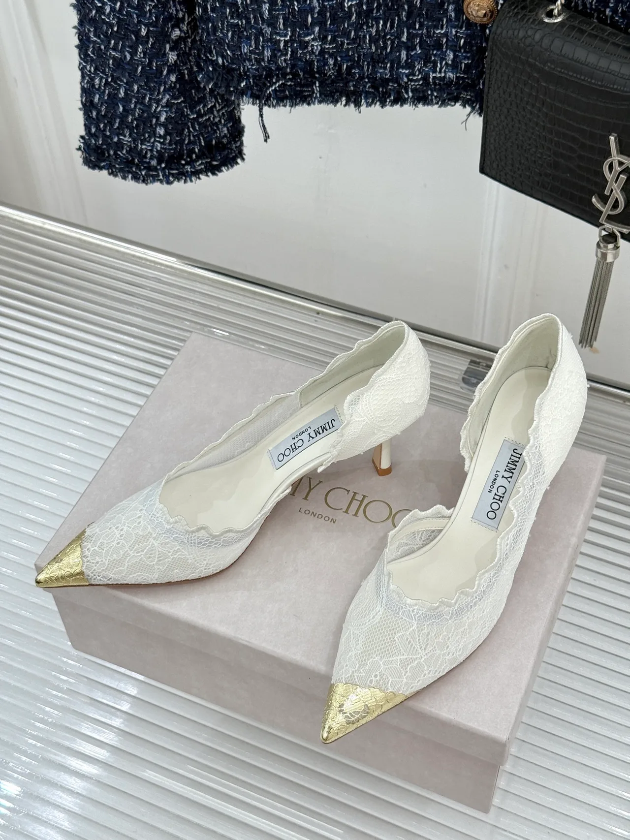 Jimmy Choo Pointed-Toe Lace Heel Pumps in White · view 3
