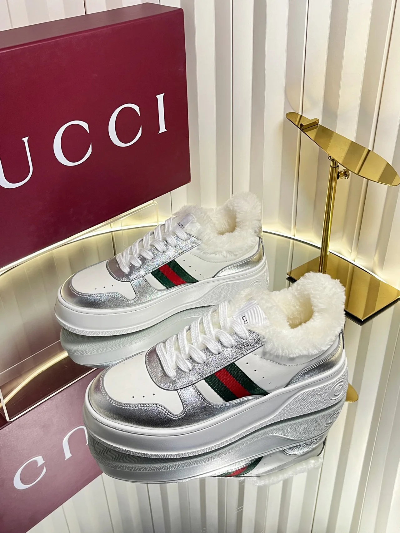 Gucci Wool Striped Lined Sneakers in White · view 2