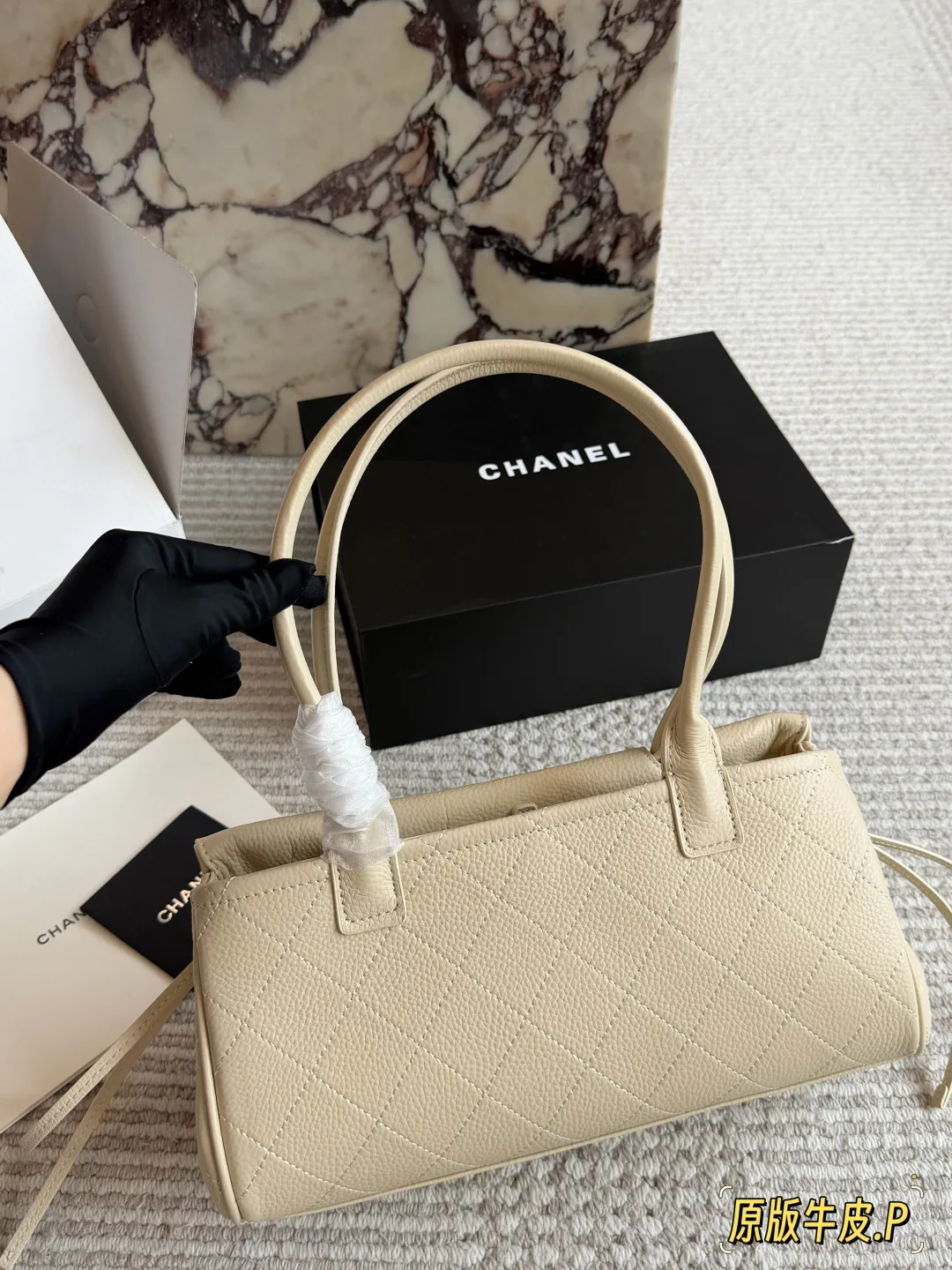 Chanel Quilted Baguette Tote in Cream · view 2
