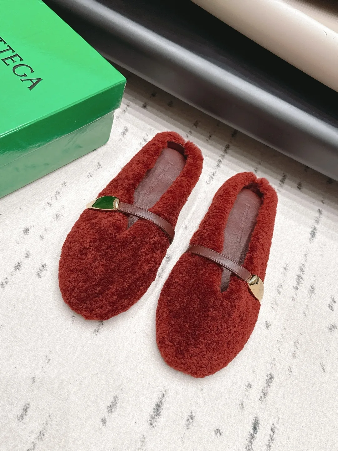 Bottega Veneta Sheepskin Buckle Fur Mary Jane Mules in Red · view 1