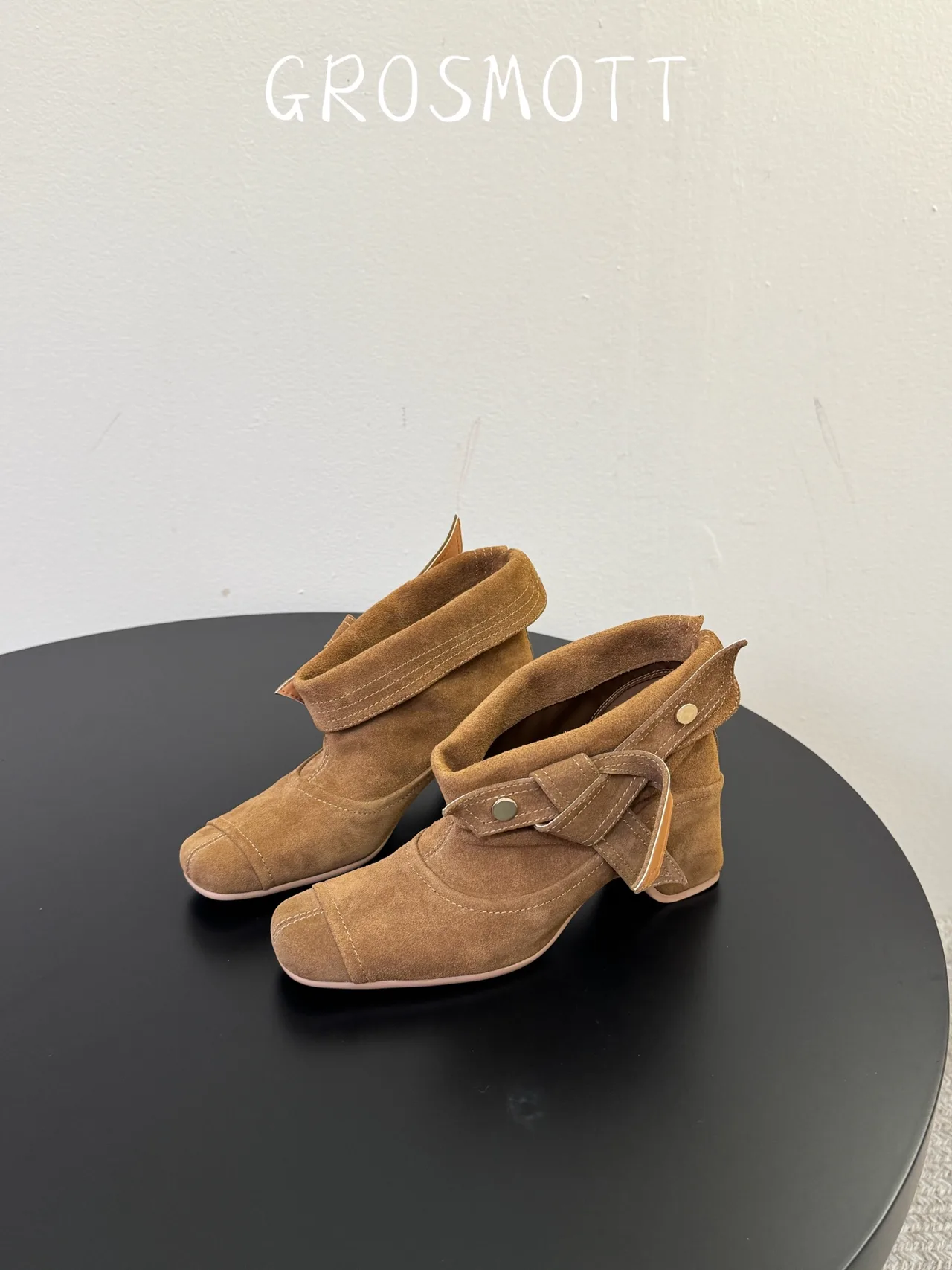 Sheepskin Suede-Look Square-Toe Buckle Ankle Boots in Brown · view 5