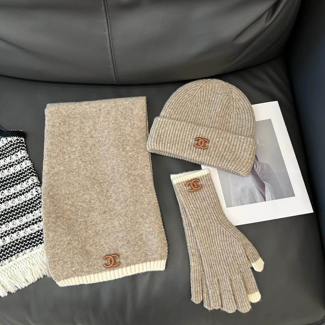Chanel Hat Scarf and Gloves Set in Beige & Black & Burgundy & White · view 1