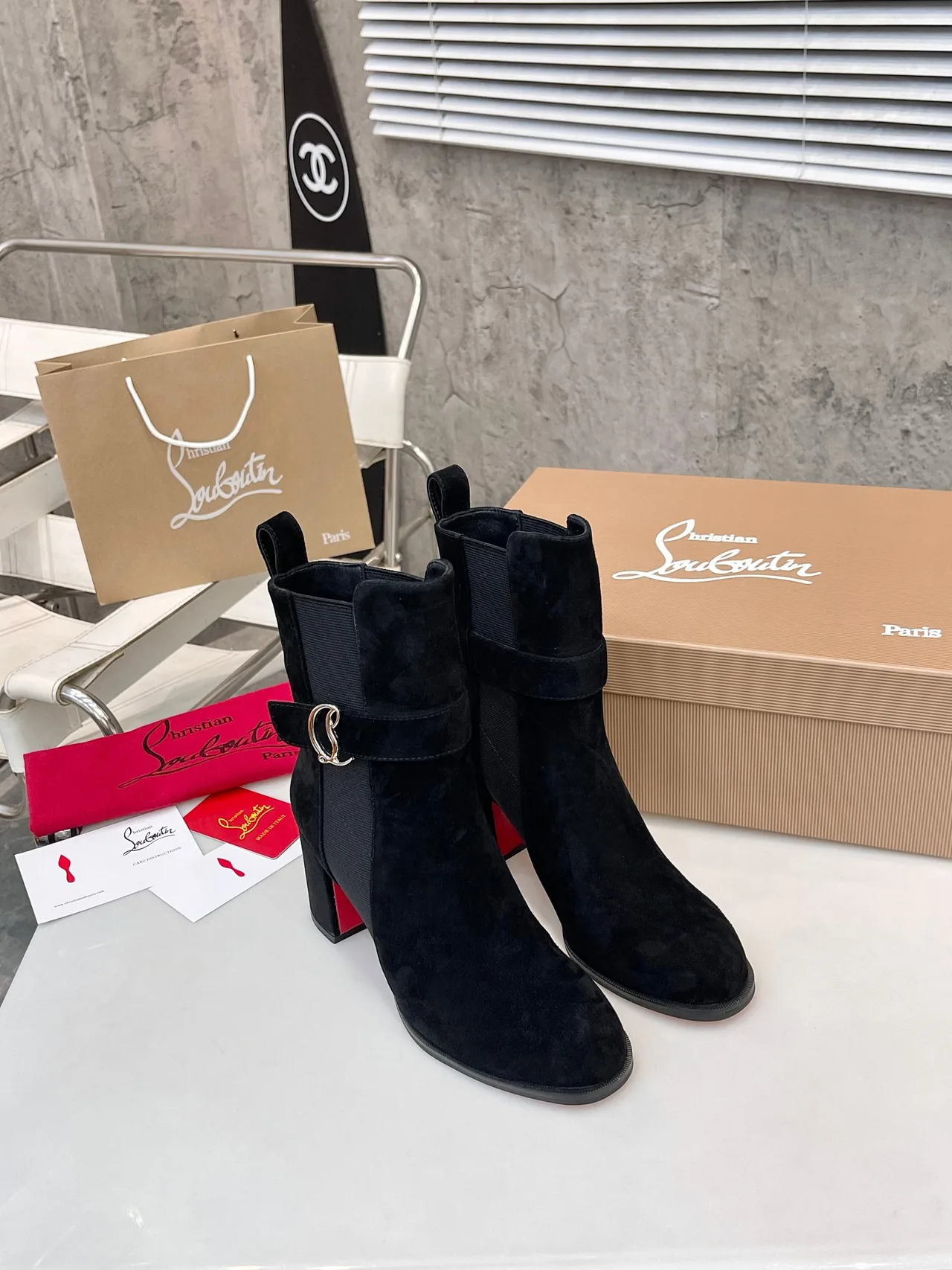 Christian Louboutin Calfskin Suede-Look Pointed-Toe Buckle Ankle Boots in Black · view 3
