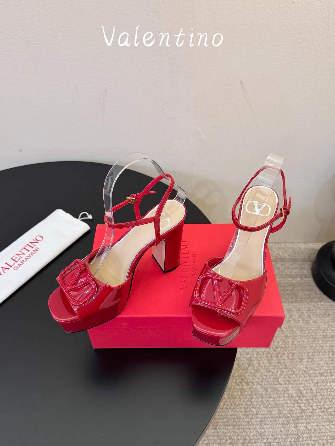 Valentino Patent Leather Glossy Square-Toe Sandals in Red · view 3