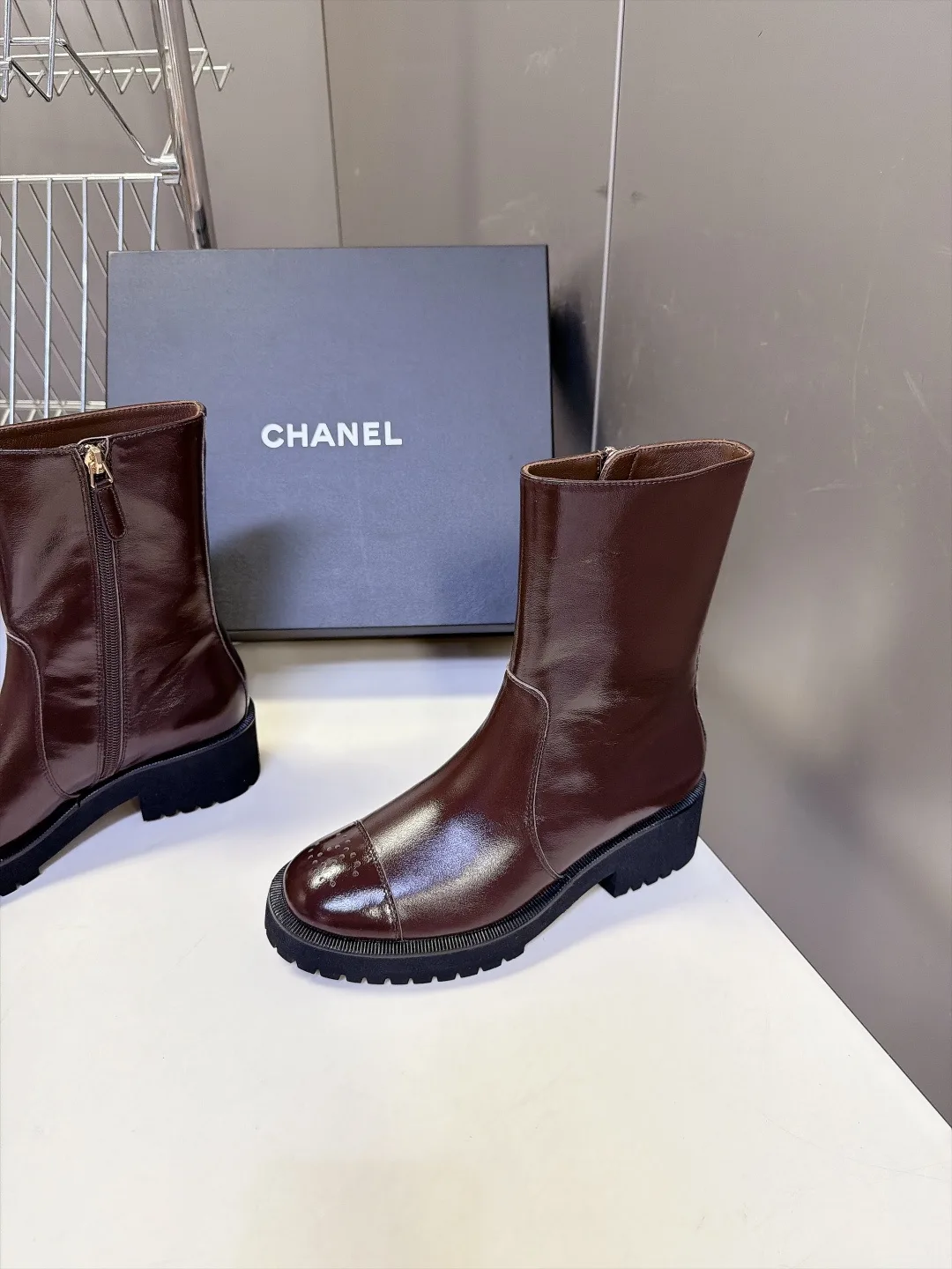 Chanel Cowhide Patent Leather Glossy Round-Toe Ankle Boots in Brown · view 3