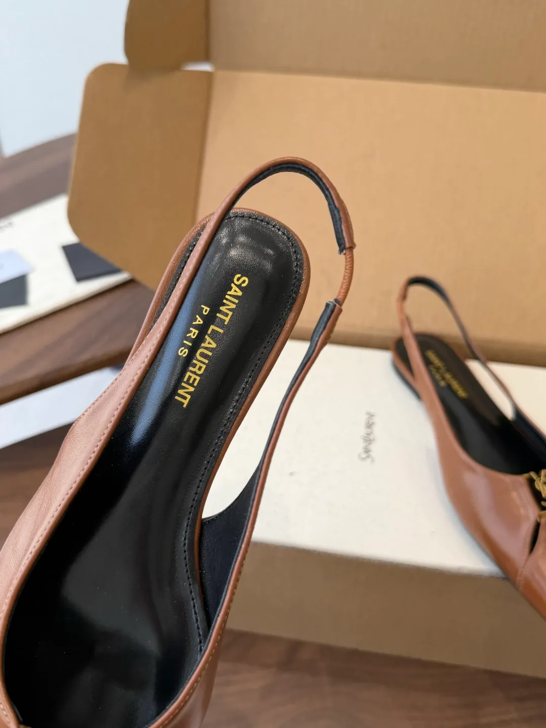 Saint Laurent Sheepskin Pointed-Toe Slingback Shoes in Brown · view 7