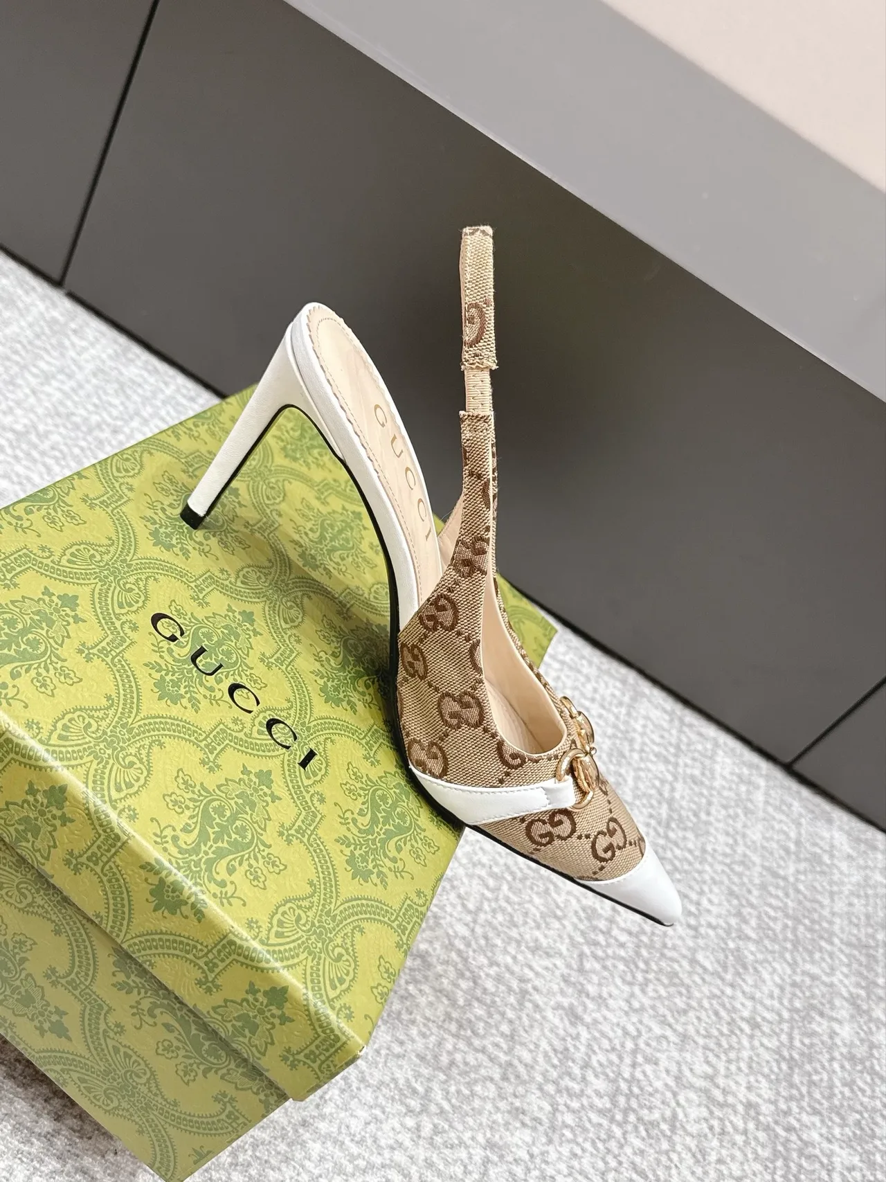 Gucci Pointed-Toe Monogram Slingback Pumps in Beige · view 5